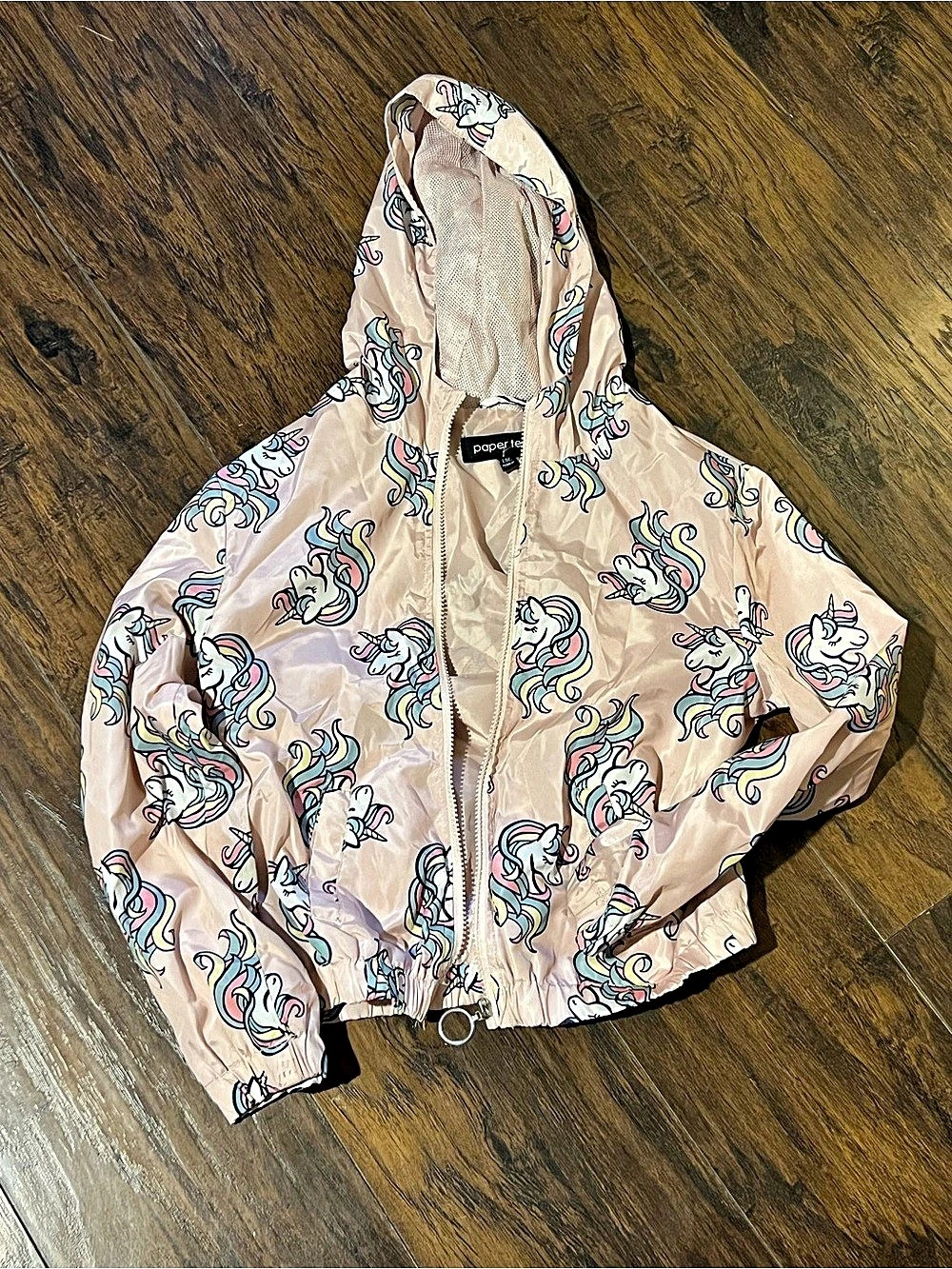 Paper Tee girls Hooded unicorn Print Jacket in Pink & White